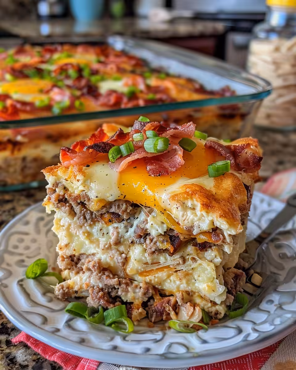 Finished crack breakfast casserole sliced and served warm