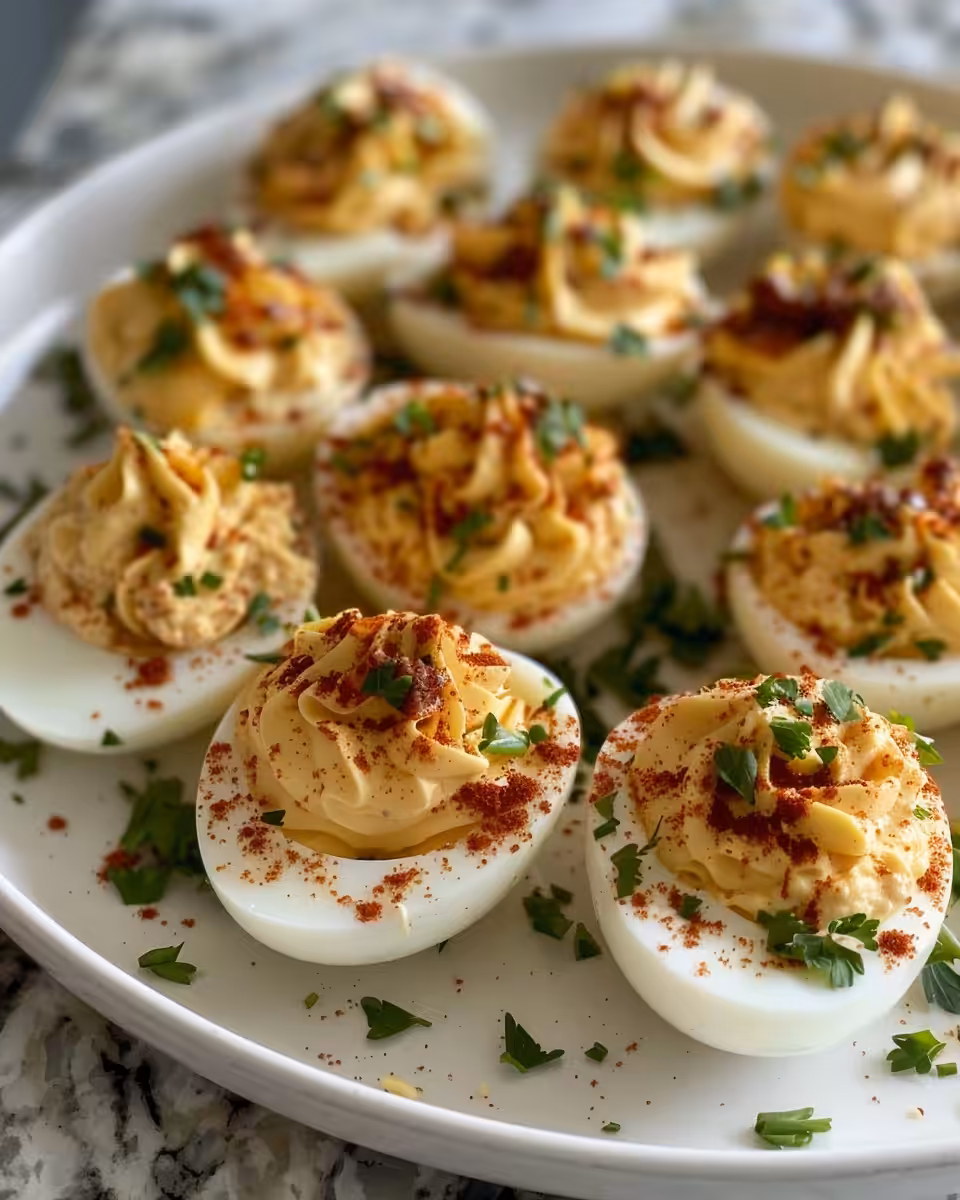 Finished Carbonara Deviled Eggs ready to serve