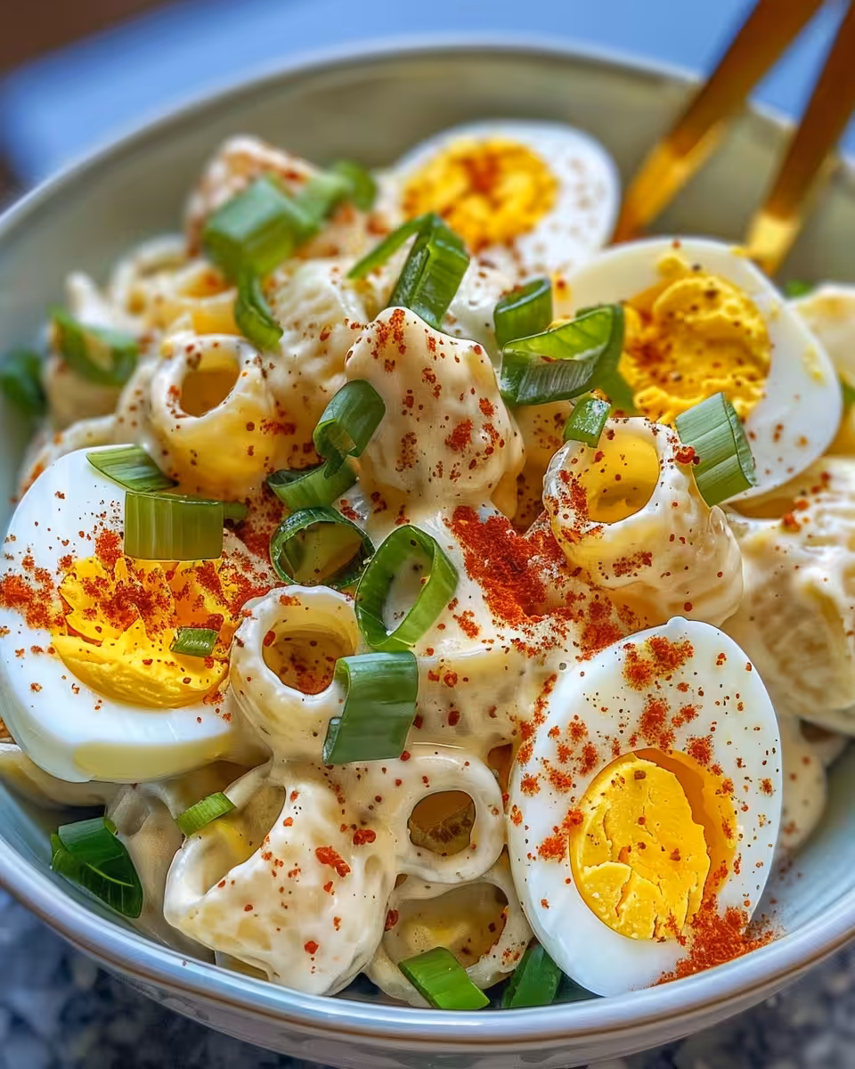 Ingredients for deviled egg pasta salad including macaroni, eggs, mayonnaise, and spices