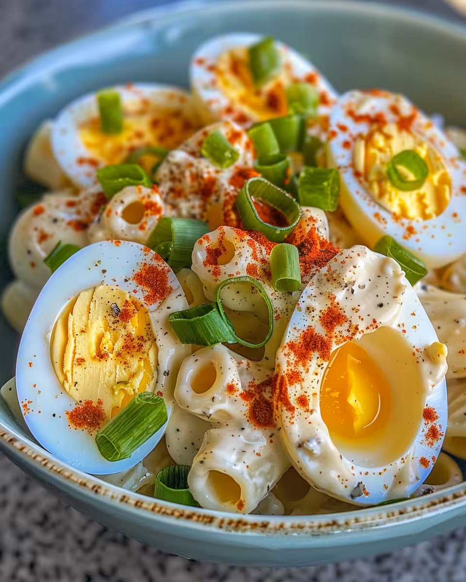 Close-up of delicious deviled egg pasta salad freshly made