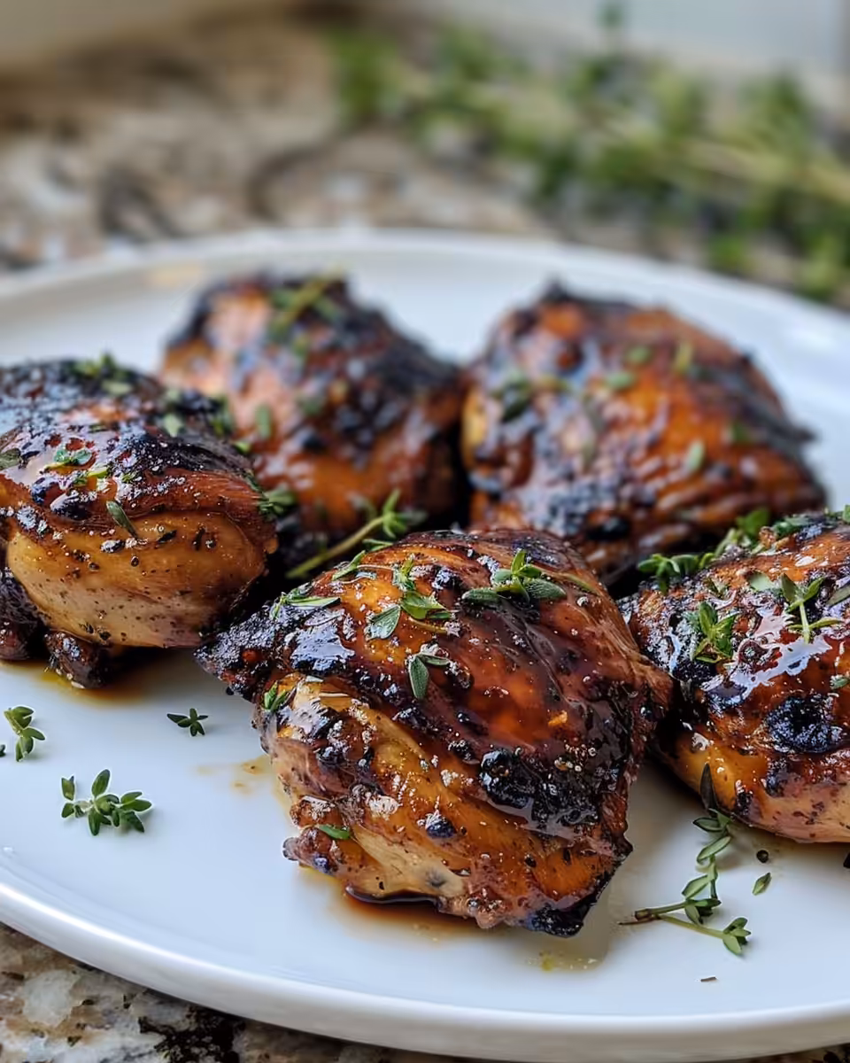 Blueberry glazed chicken served and garnished with fresh blueberries and thyme leaves