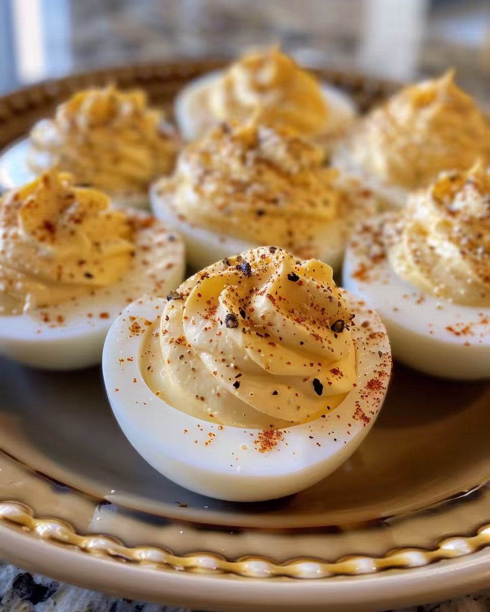 Finished classic deviled eggs garnished and ready to serve