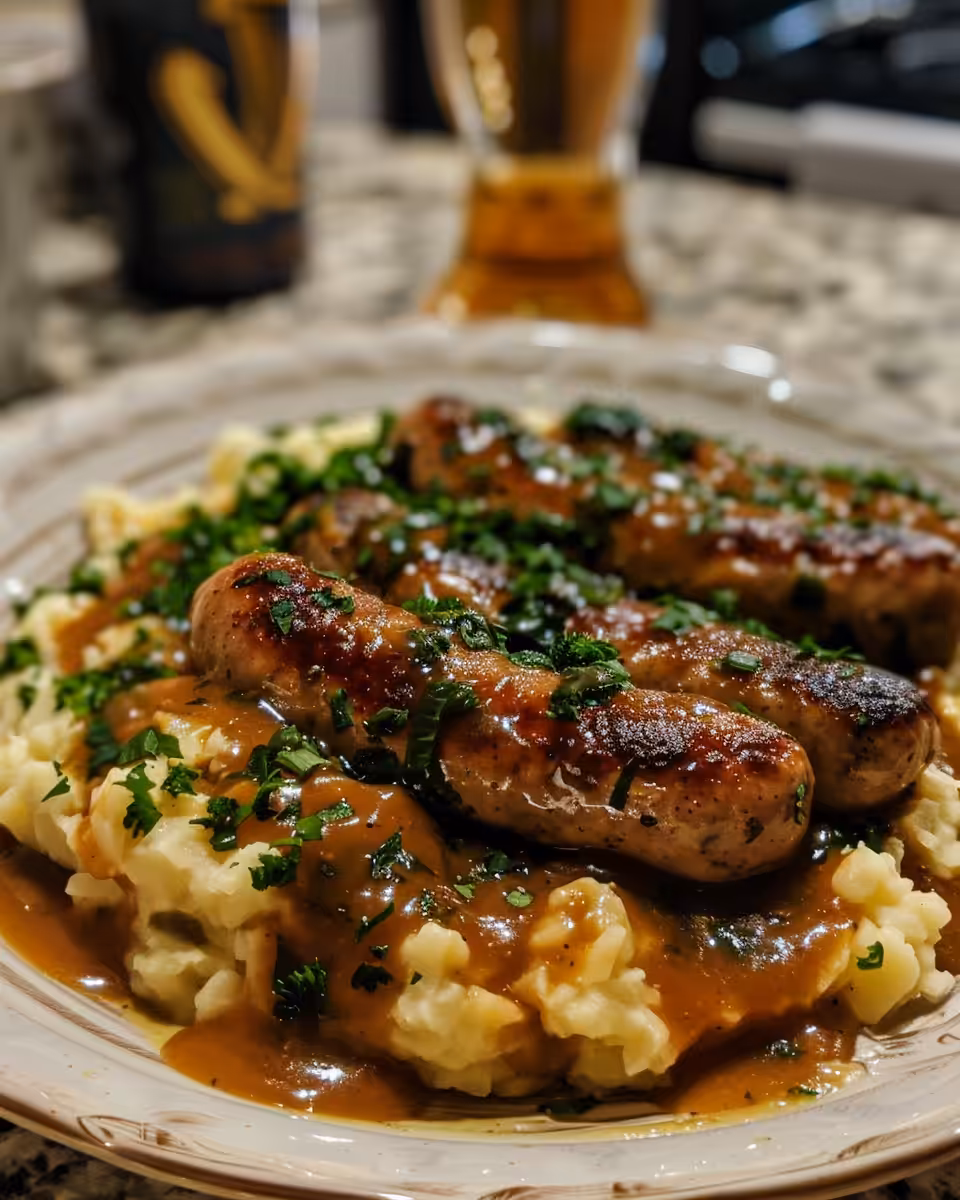 Ingredients for Irish bangers and colcannon lined up including sausages, potatoes, and greens