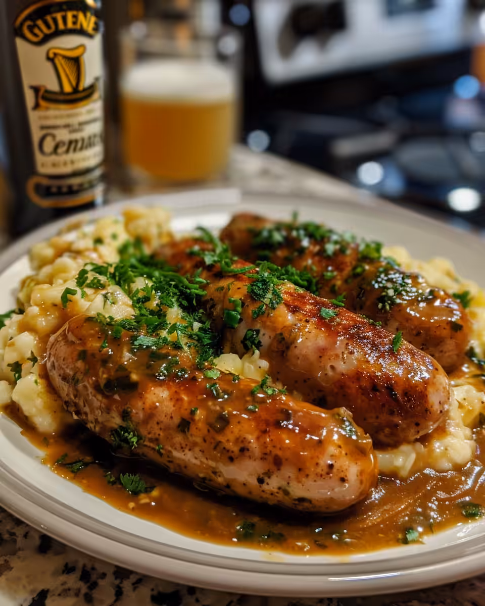 Irish bangers sizzling in a pressure cooker, filling kitchen with aroma