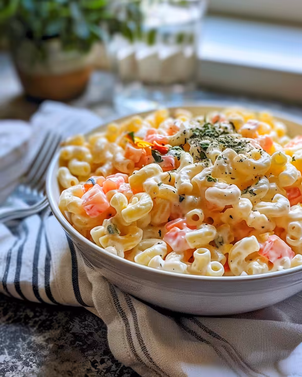 Ingredients for macaroni salad including diced veggies and seasonings
