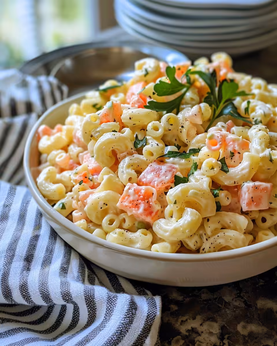 Creamy macaroni salad served and ready to eat