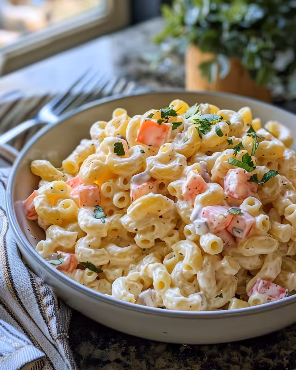Fresh macaroni salad in a bowl with fresh veggies and creamy dressing