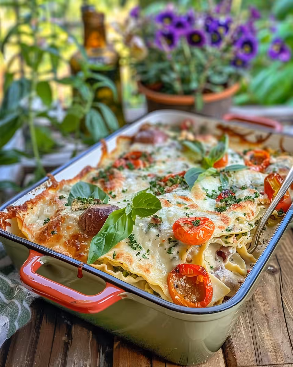 Served Mediterranean vegetable pasta bake with melted cheese