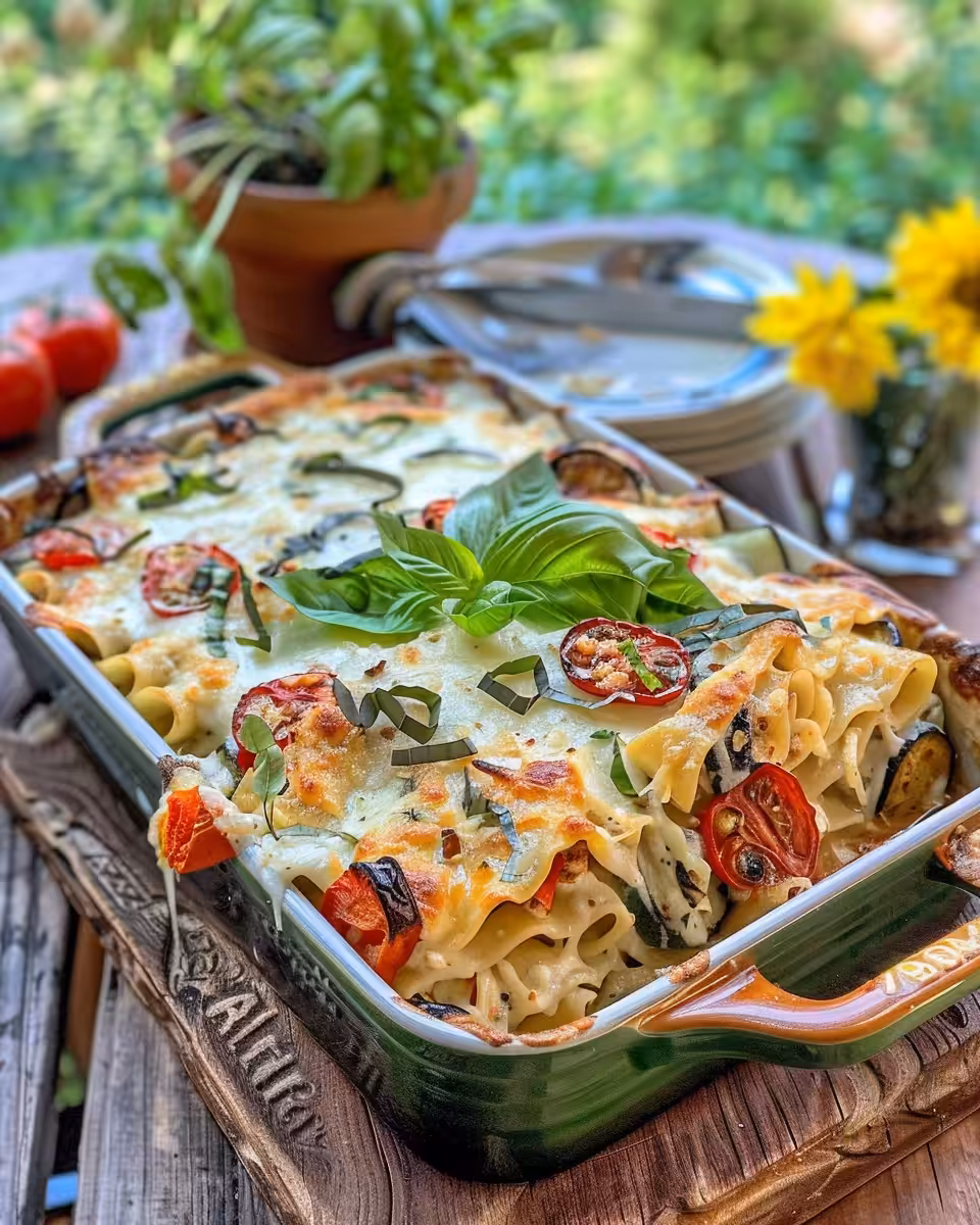 Mediterranean vegetable pasta bake just out of the oven