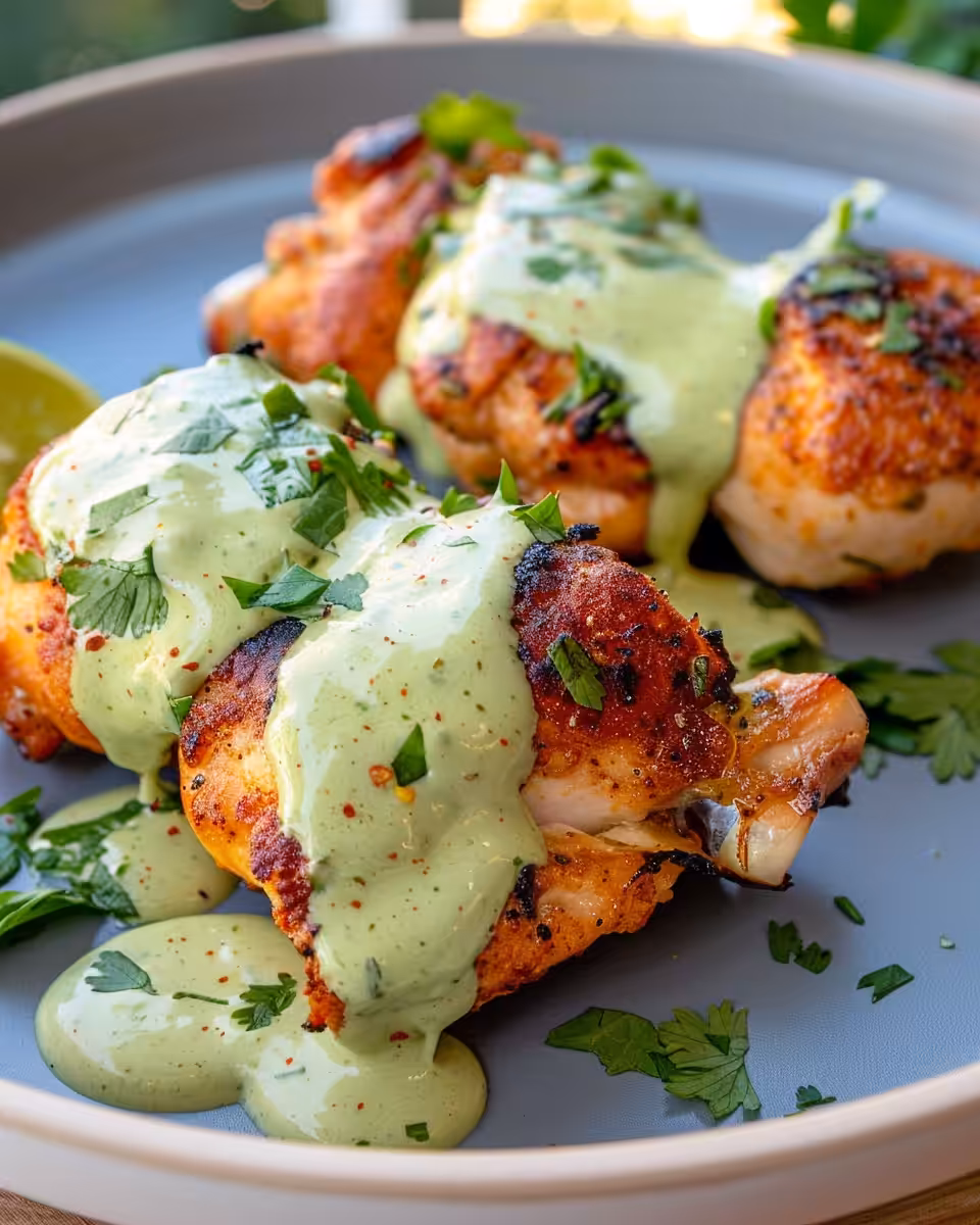Plated tender pulled Peruvian chicken thighs topped with creamy vibrant aji verde sauce