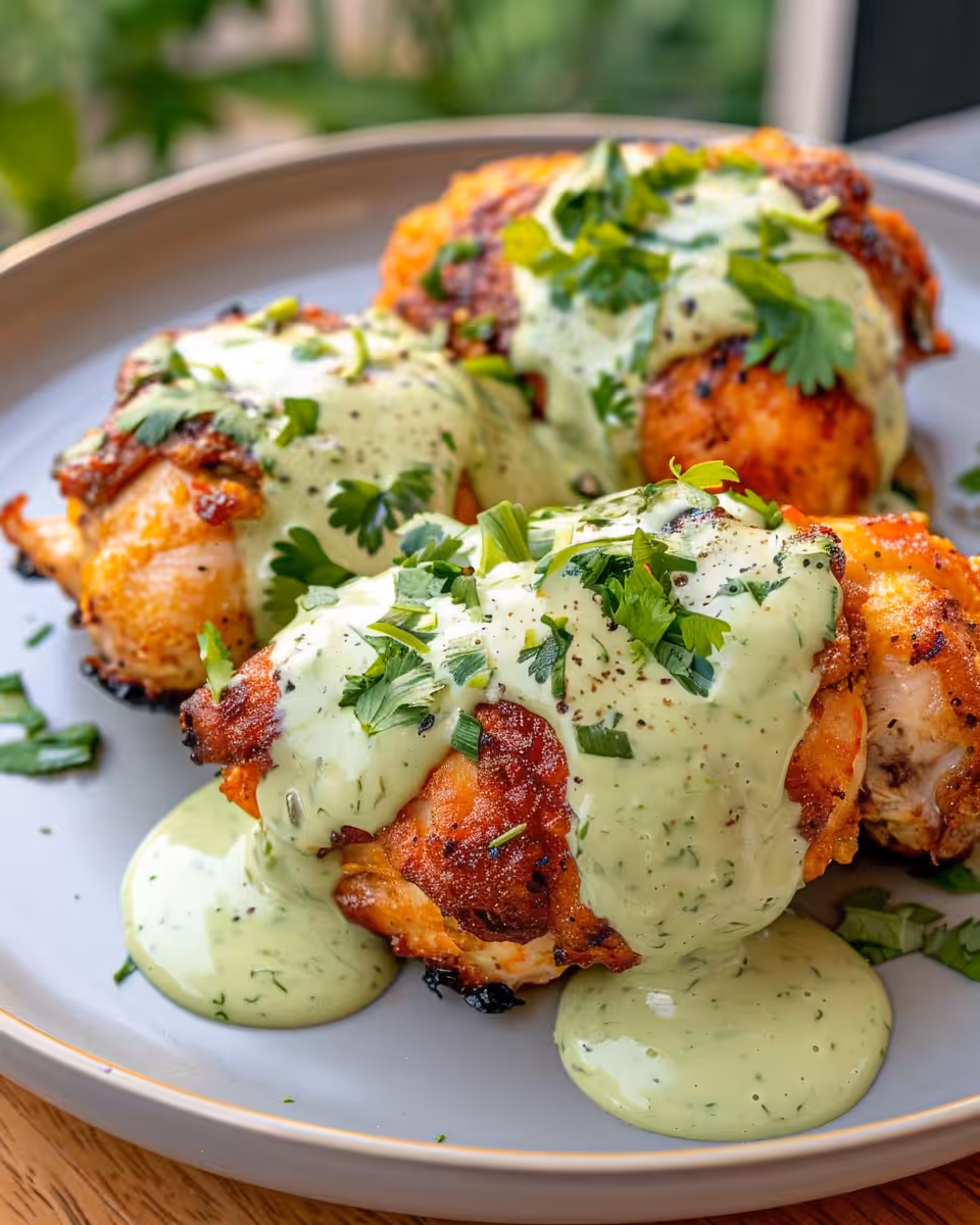 Pressure cooker with chicken and green sauce cooking with float valve popped and steam locked inside