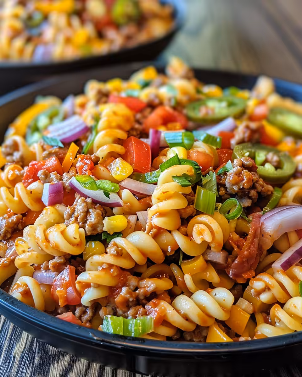 Ingredients for Big Mac Pasta Salad including pasta, beef, onion, pickles, and cheese