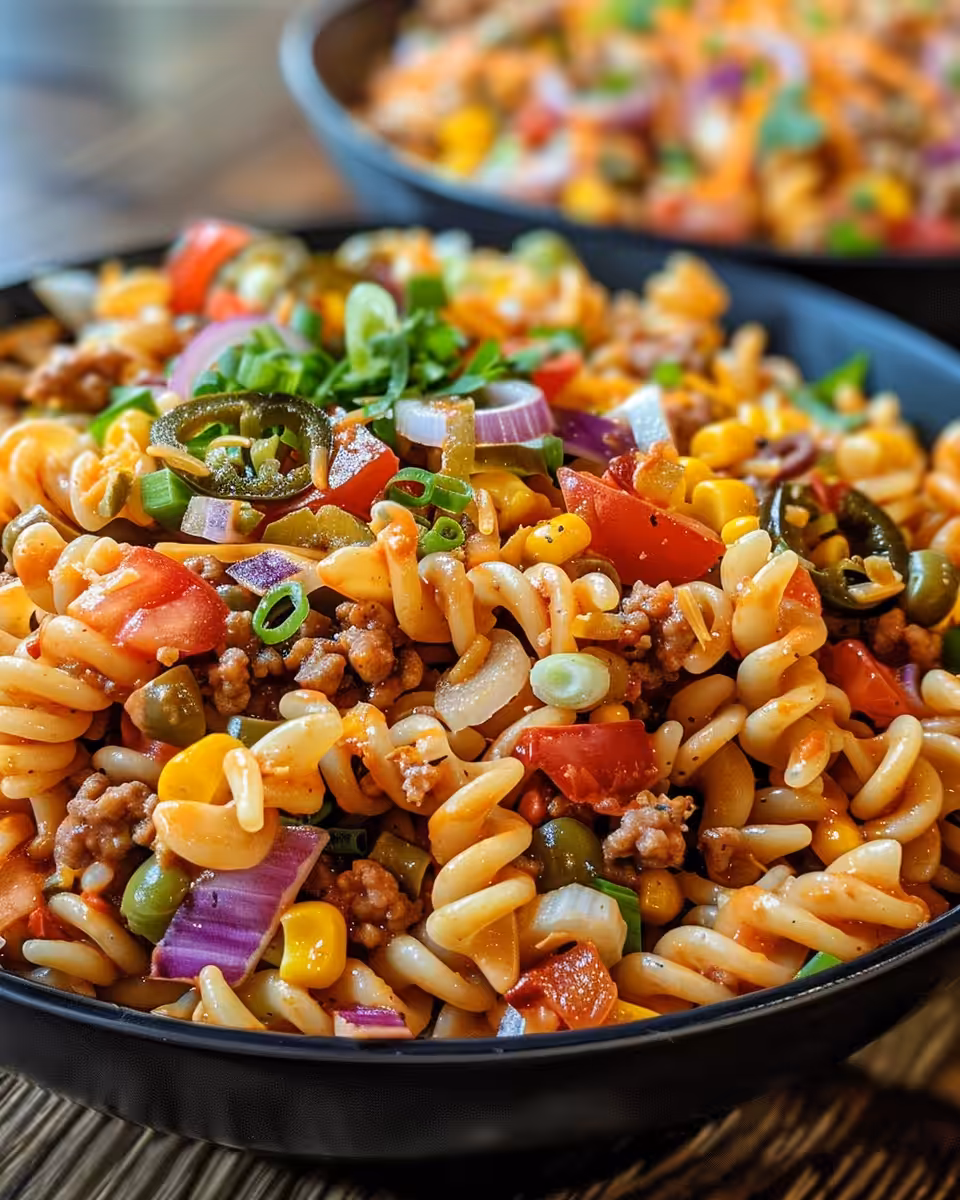 Final Big Mac Pasta Salad garnished with sesame seeds ready to serve
