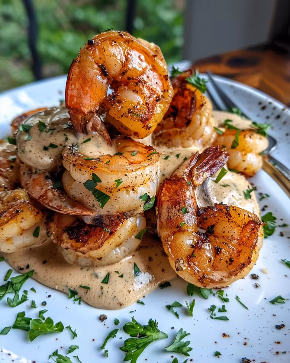 Final plated blackened shrimp stroganoff over fettuccine pasta
