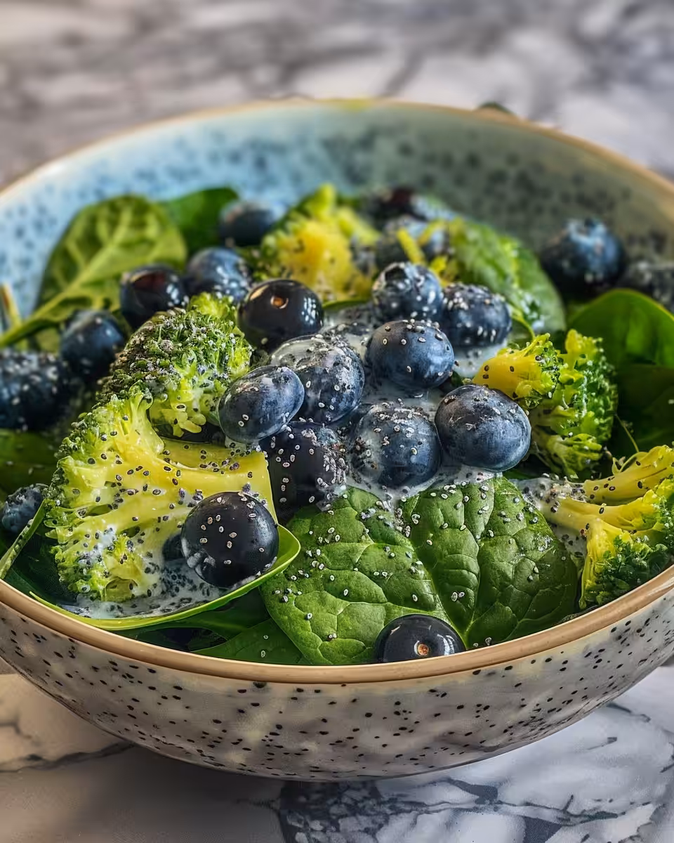 Blueberry Broccoli Spinach Salad ingredients including blueberries, broccoli, spinach, and poppy seed dressing