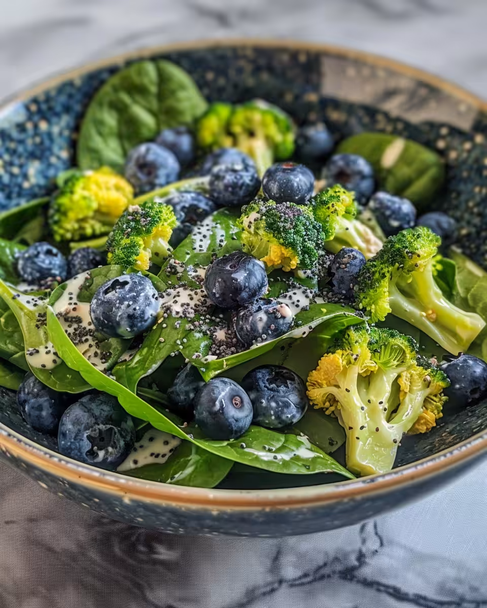 Fresh Blueberry Broccoli Spinach Salad with poppy seed ranch dressing in bowl