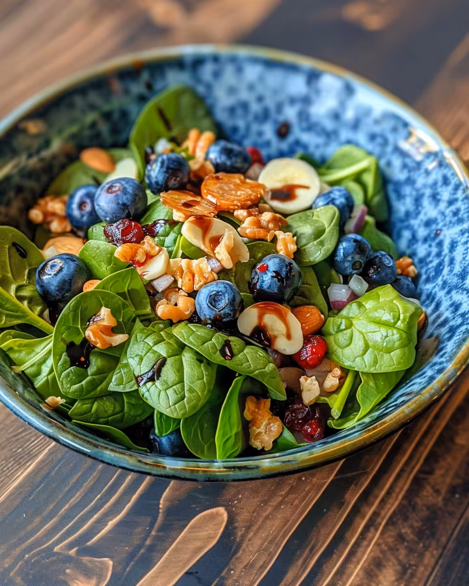 Final plated mandarin spinach salad with goat cheese and almonds ready to serve