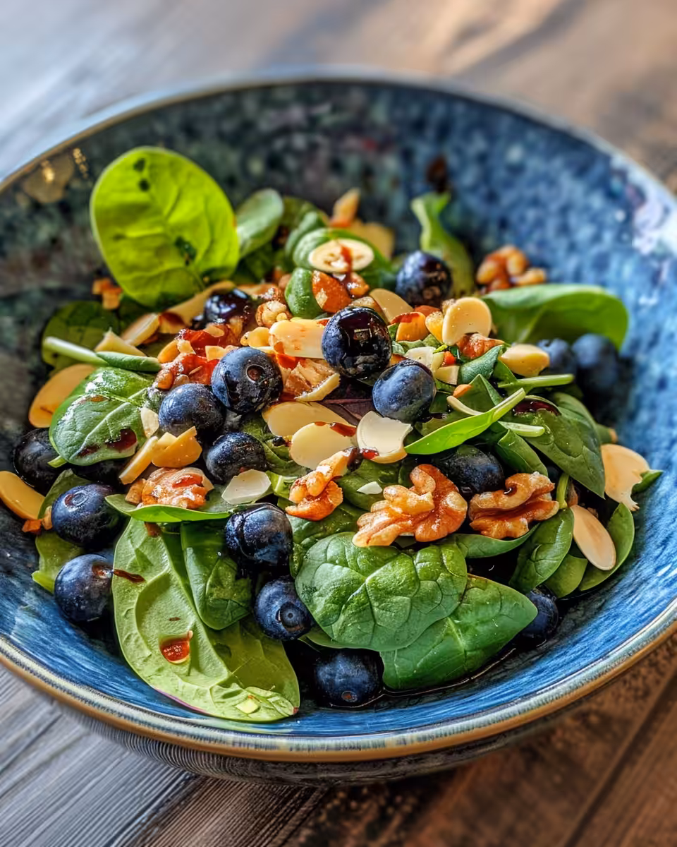 Fresh bowl of mandarin and spinach salad with honey balsamic dressing in blue bowl