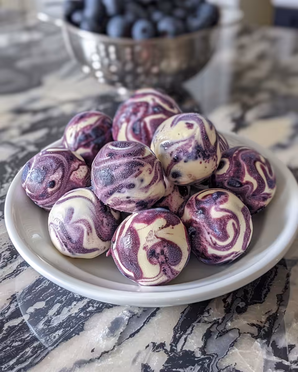 Close up of creamy blueberry swirl yogurt bite in freezer