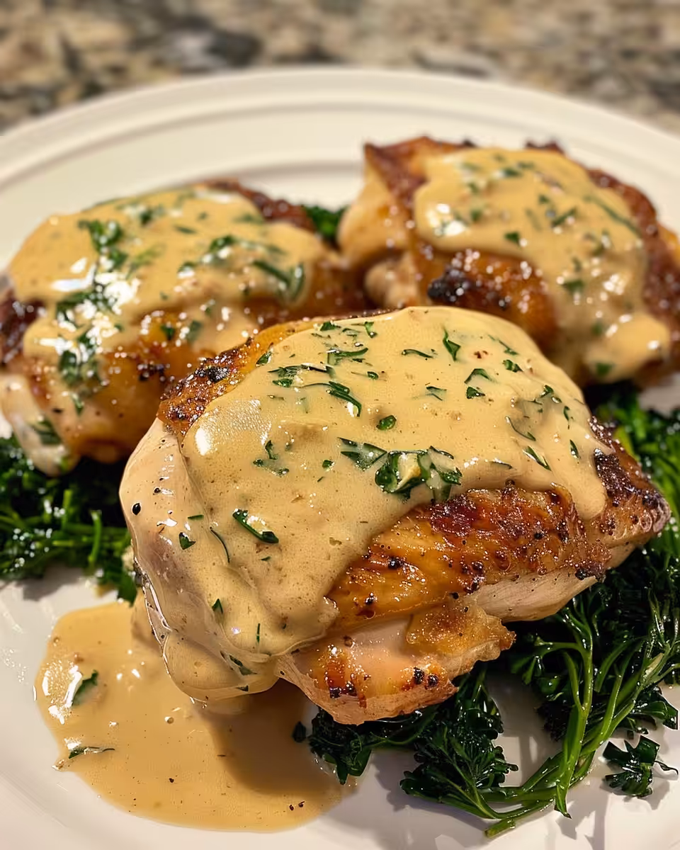 Ingredients and process of preparing chicken thighs in skillet with creamy sauce