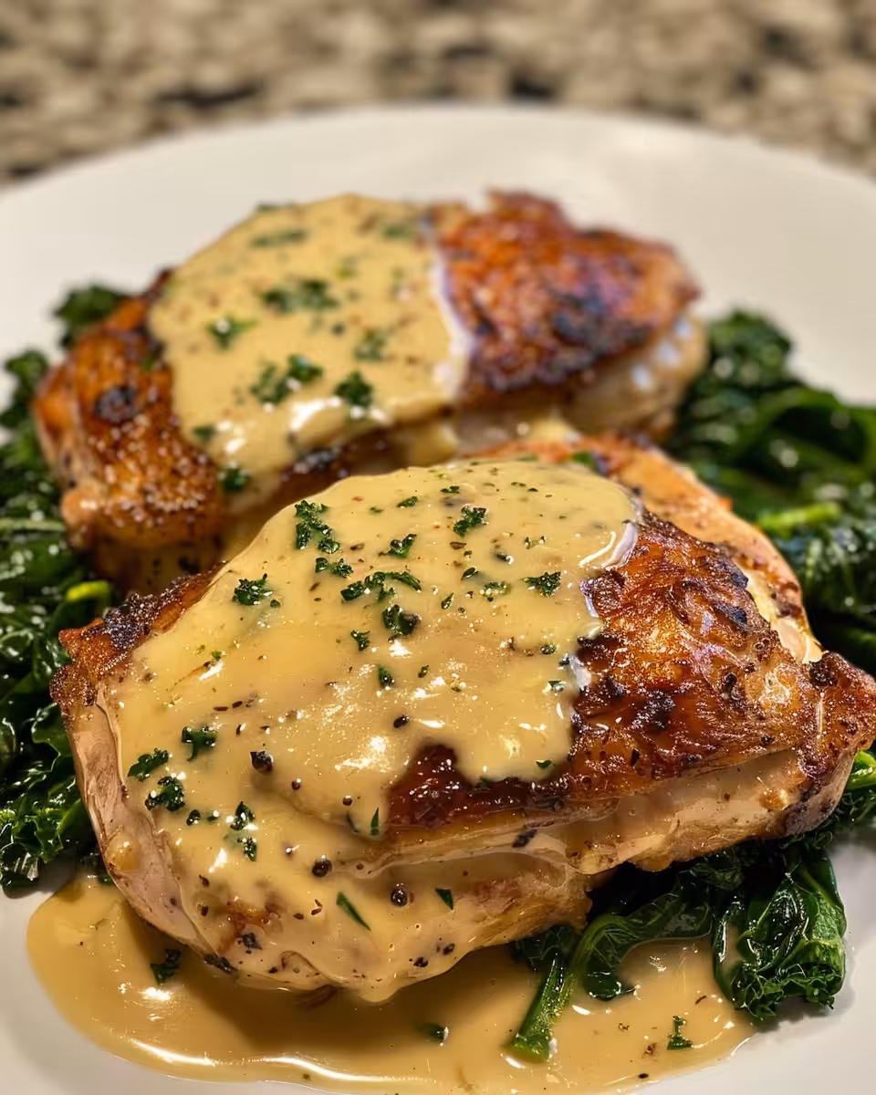 Final plated chicken thighs in creamy garlic sauce ready to serve