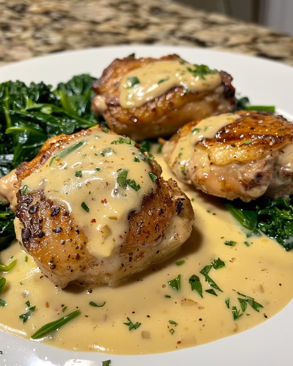 Tender chicken thighs cooking in pressure cooker with creamy garlic sauce