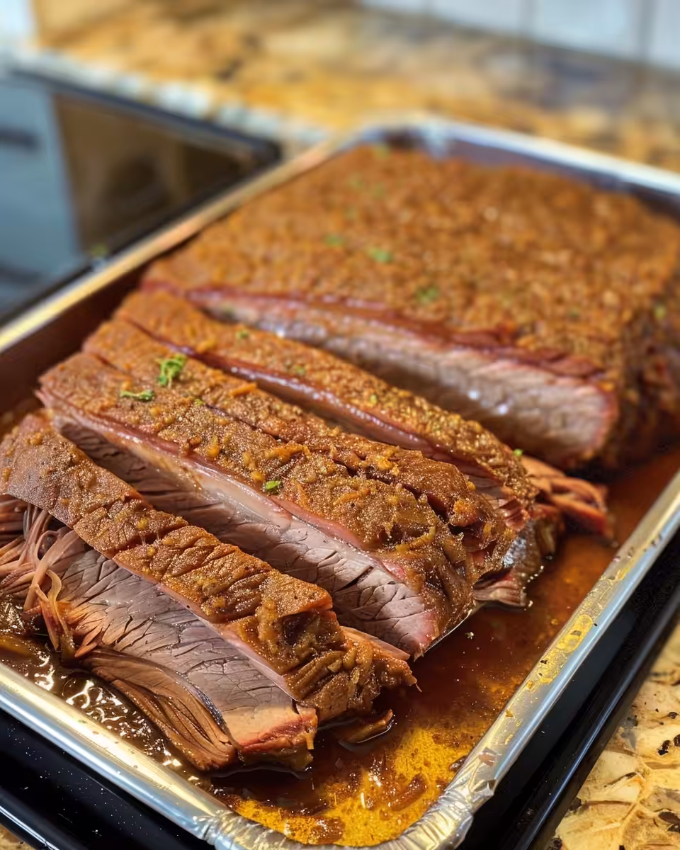 Sliced corned beef brisket served plated with glaze and sides