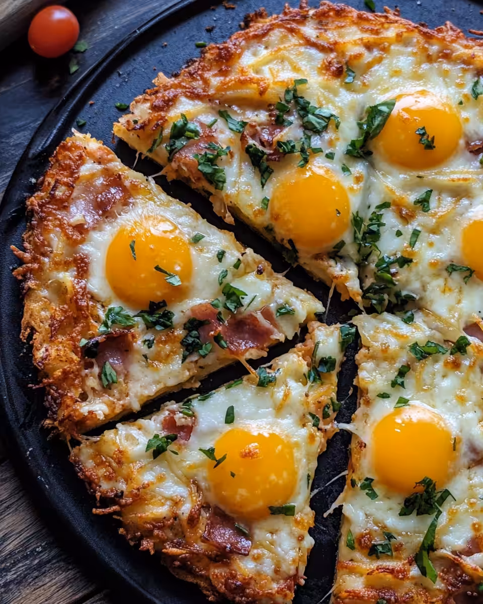 Fully assembled breakfast pizza with crust, eggs, sausage, and melted cheese ready for baking
