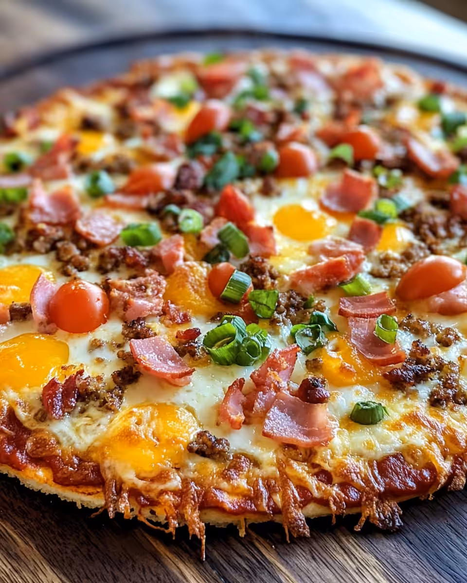 Finished breakfast pizza with zucchini crust topped with roasted asparagus and eggs