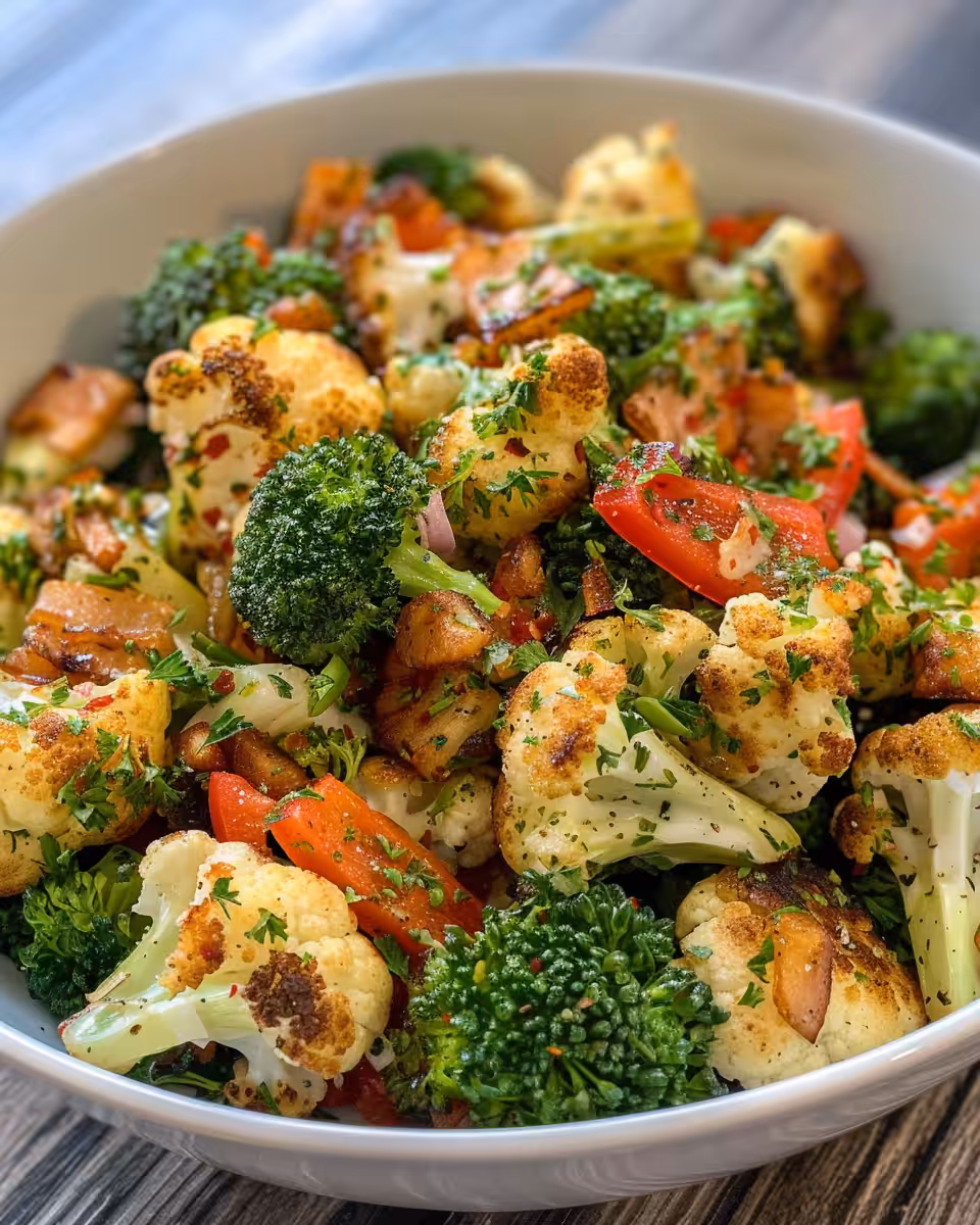Ingredients including broccoli, cauliflower, bacon, cheese and red onion for pressure cooker salad