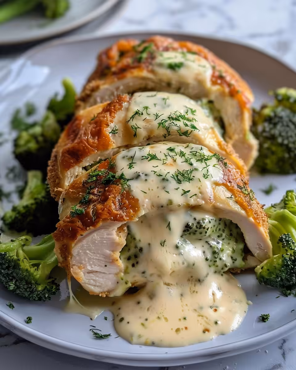 Finished broccoli cheese stuffed chicken breast plated and ready to serve