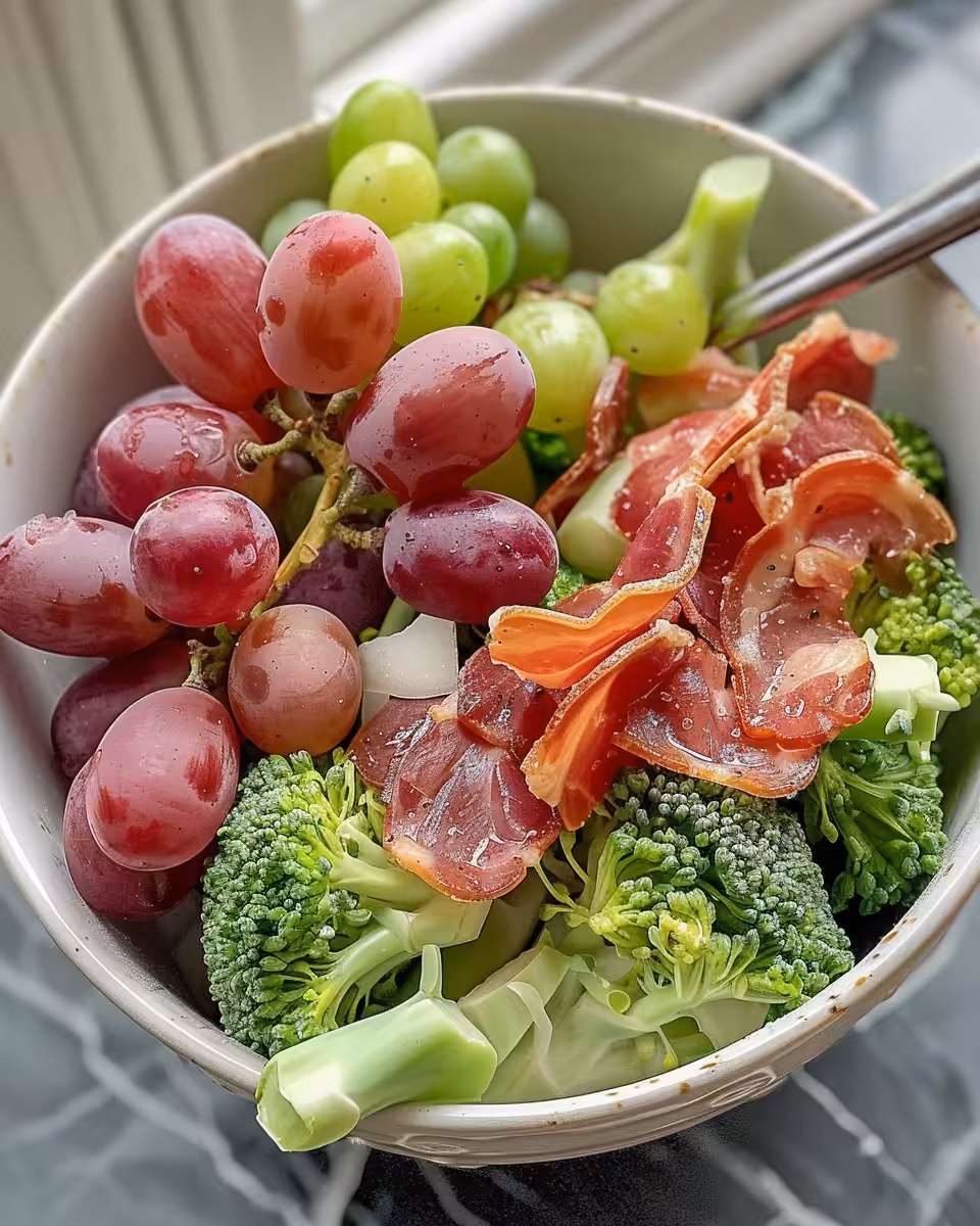 Ingredients for broccoli grape salad including bacon, red onion and sunflower seeds