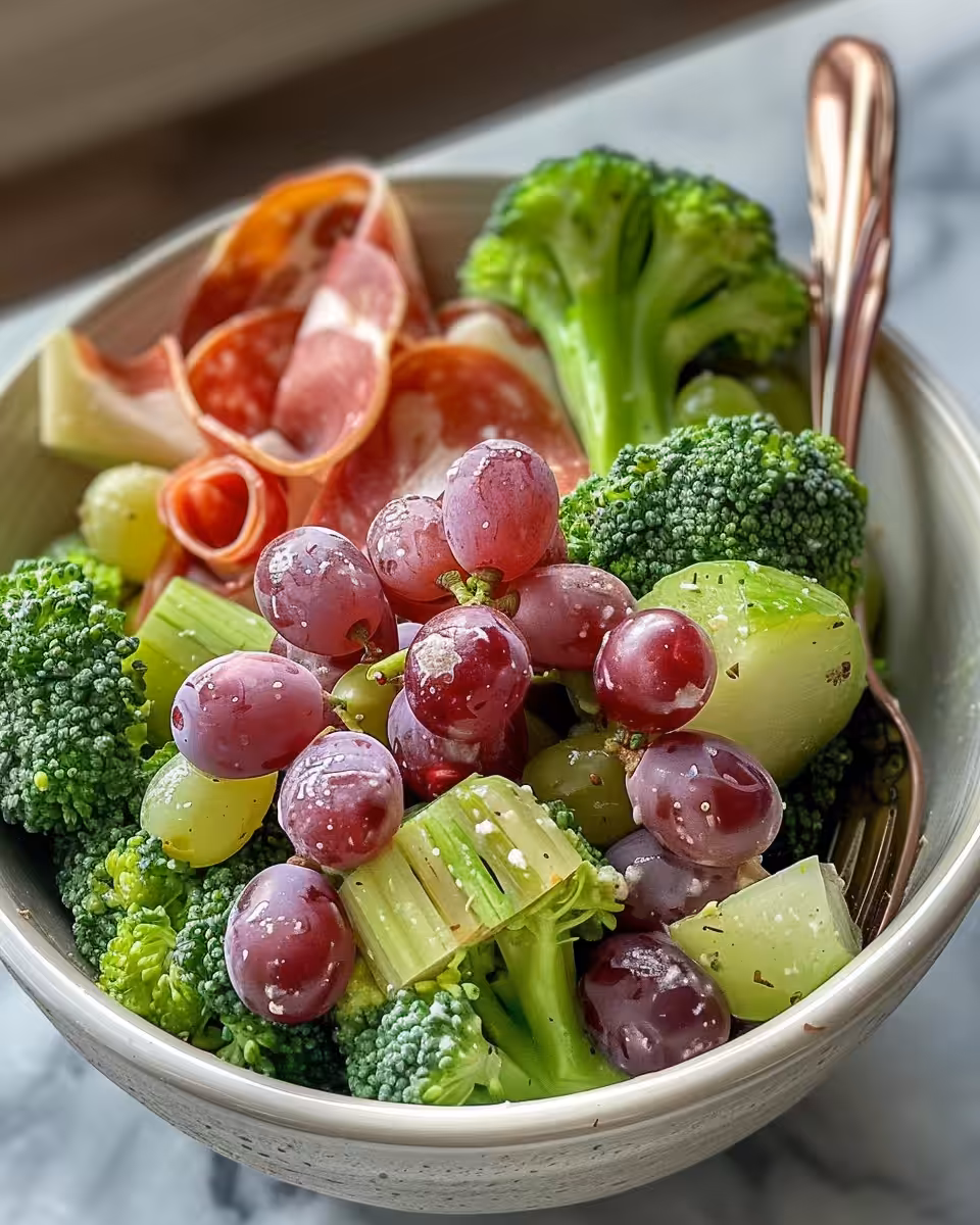 Fresh broccoli grape salad with crispy bacon and red grapes in a bowl