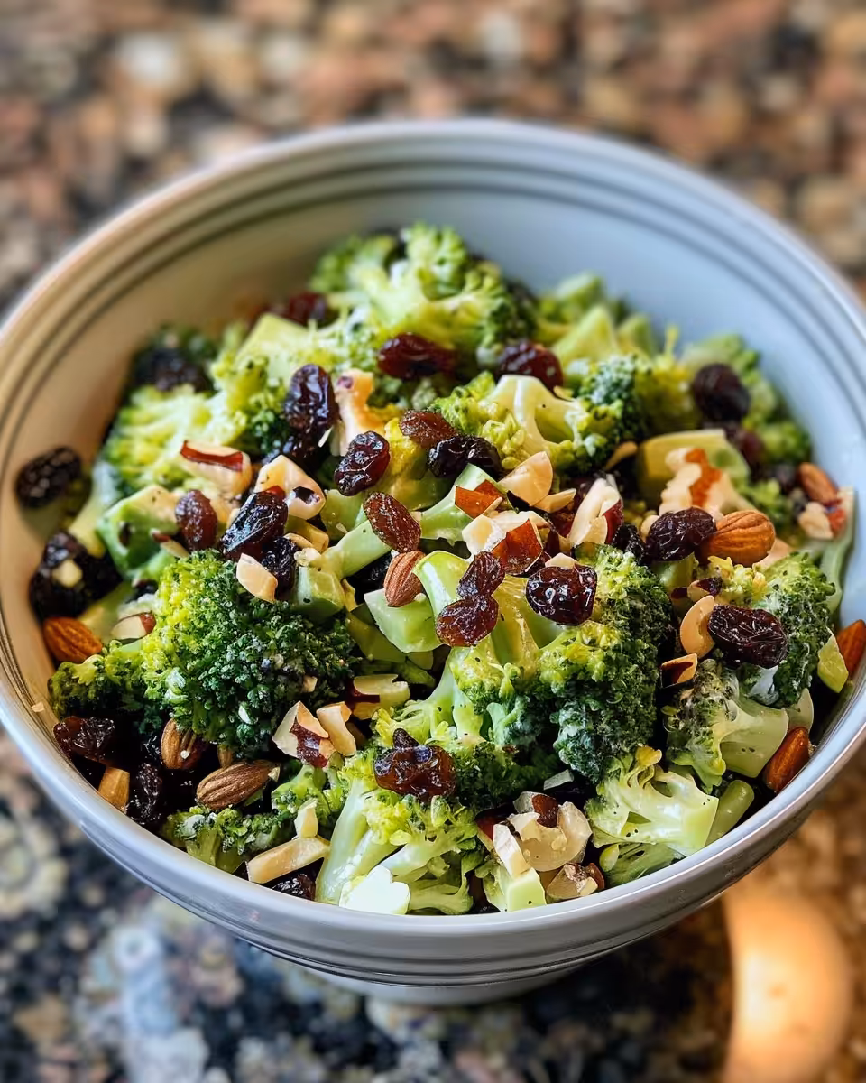Ingredients for broccoli raisin salad with bacon, raisins, and pumpkin seeds