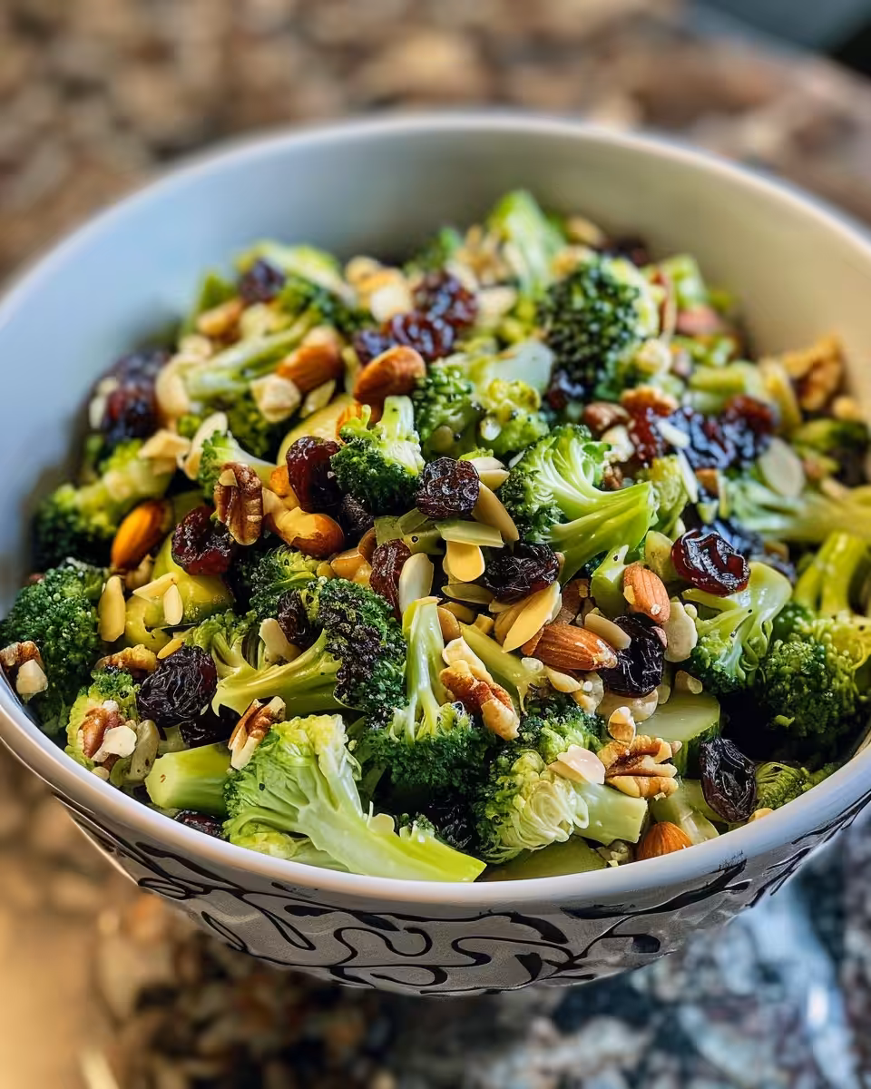 Serving of broccoli raisin salad with bacon and pumpkin seeds ready to eat