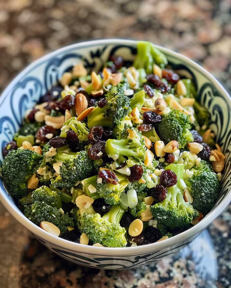 Fresh broccoli raisin salad ready to serve