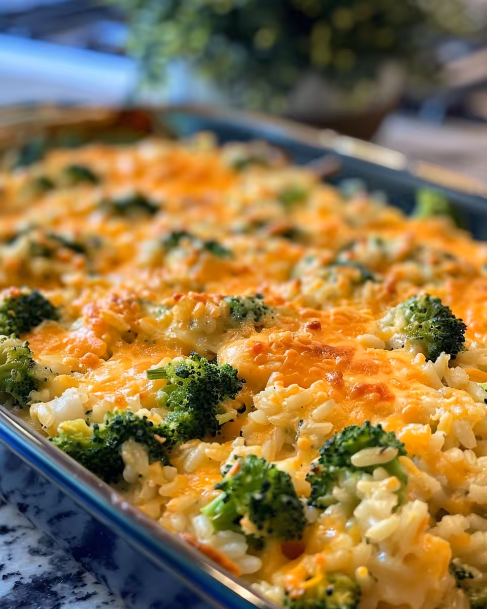 Ingredients for broccoli rice casserole including cheese, broccoli, and rice
