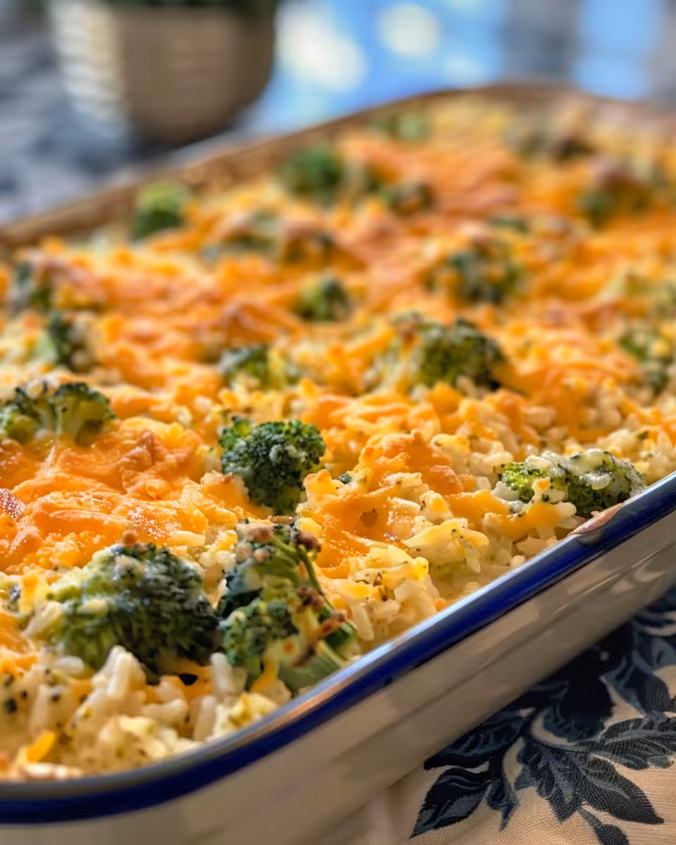 Broccoli rice casserole layered with cheese and potato chips before baking
