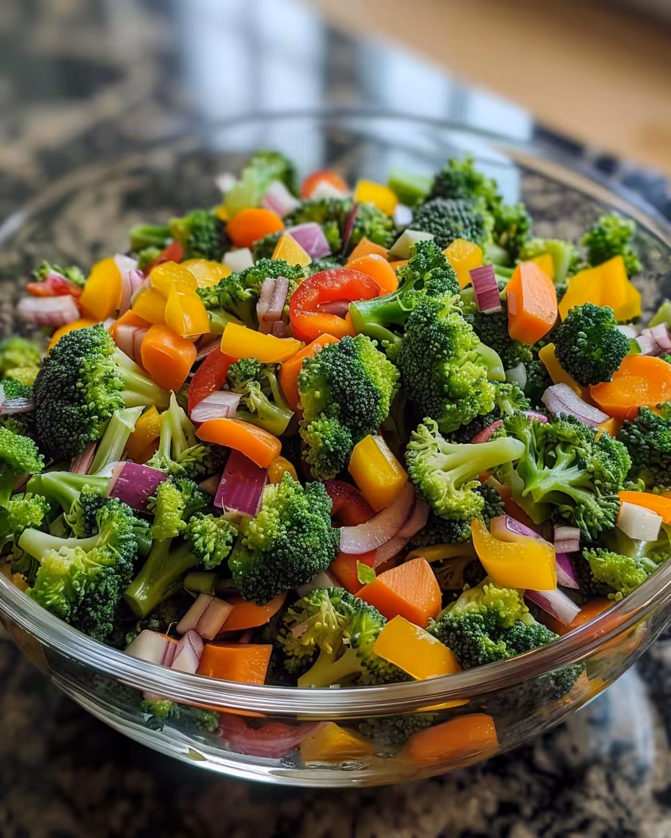 Ingredients for broccoli salad including broccoli florets, bacon, cranberries, sunflower kernels, and dressing ingredients