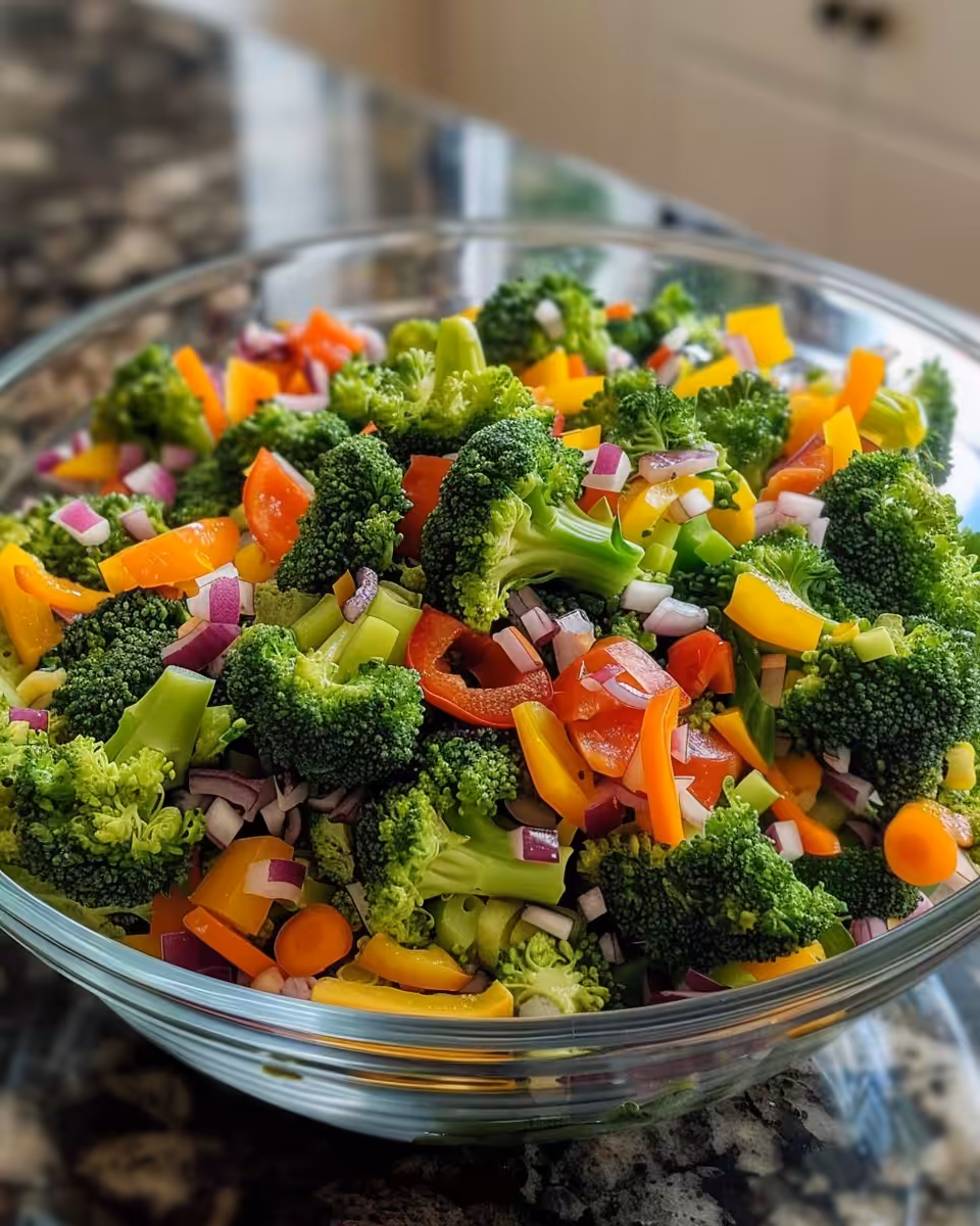Broccoli salad served chilled with bacon bits and cranberries
