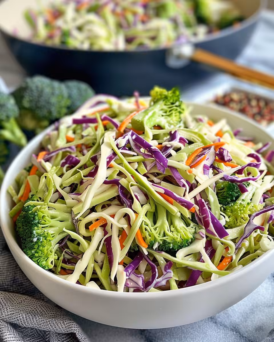 Mixing ingredients for broccoli slaw with mayo and vinegar