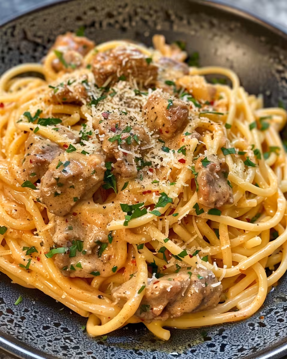 Final plated creamy Cajun chicken and sausage pasta dish ready to serve