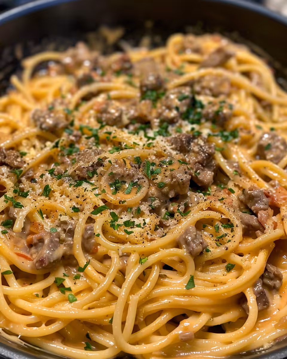 Close-up of creamy Cajun chicken and sausage pasta simmering in pressure cooker
