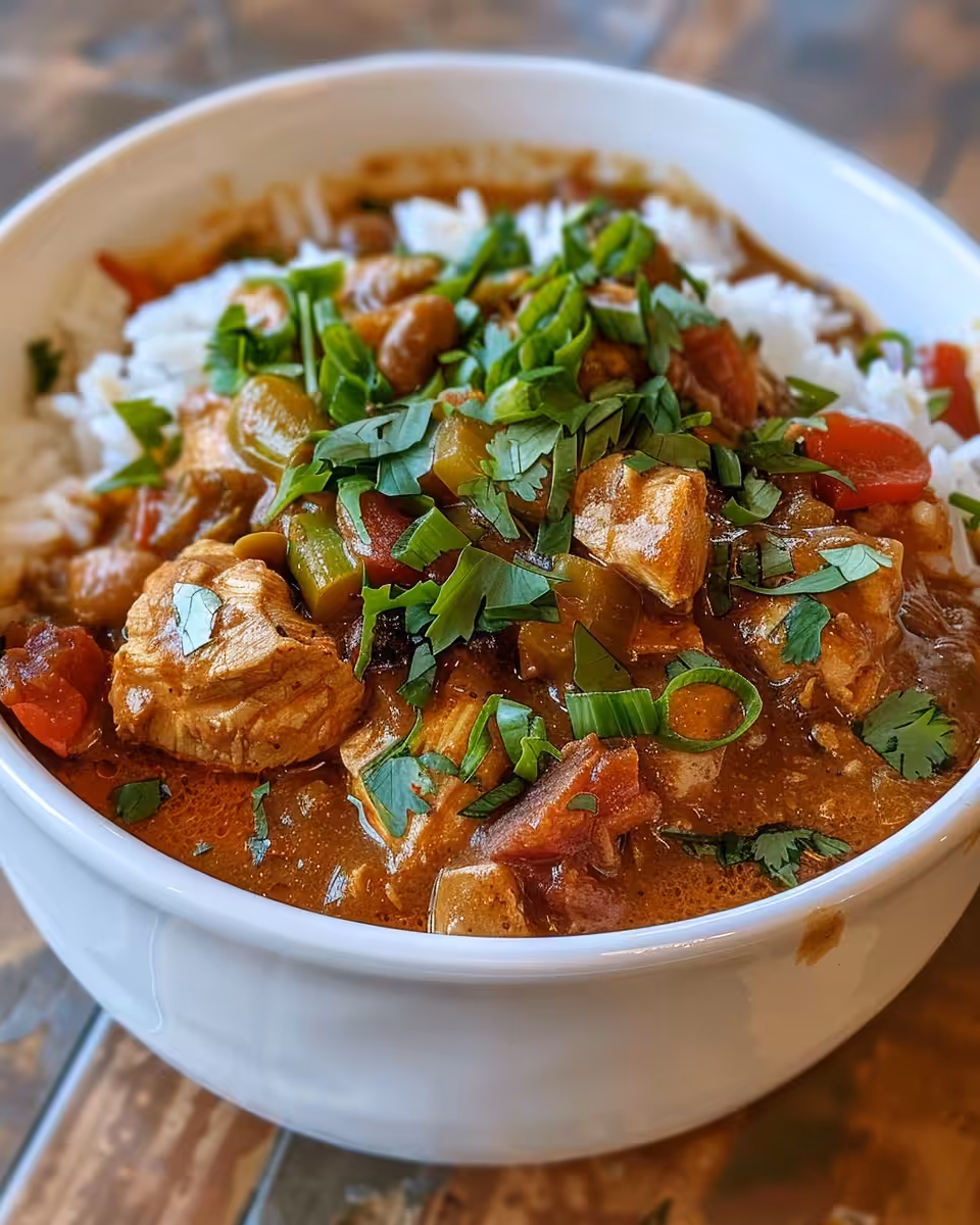 Shredded chicken and herbs mixed into thick golden  Etouff e9 sauce