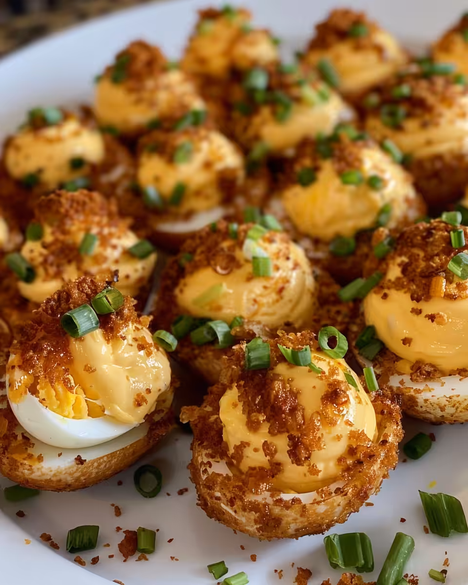 Cajun fried deviled eggs plated and ready to serve
