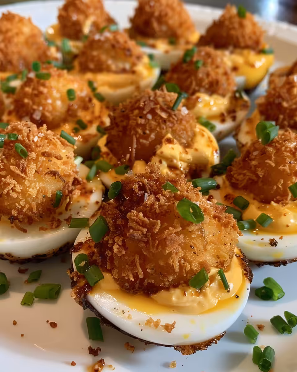 Close up of crispy golden Cajun fried deviled eggs fresh from the cooker