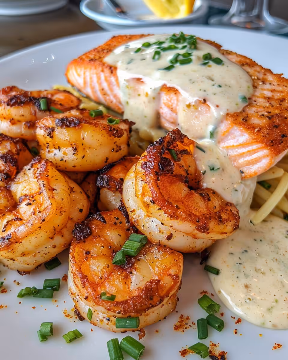 Ingredients for cajun shrimp and salmon with garlic cream sauce including spices, garlic and leafy greens