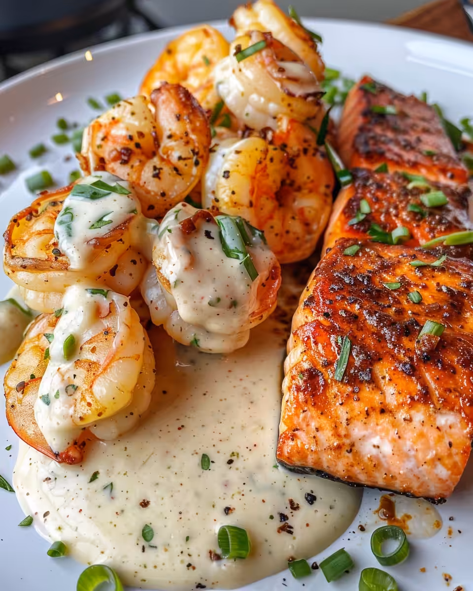 Close up of Cajun shrimp and salmon cooking showing steam and creamy sauce in skillet