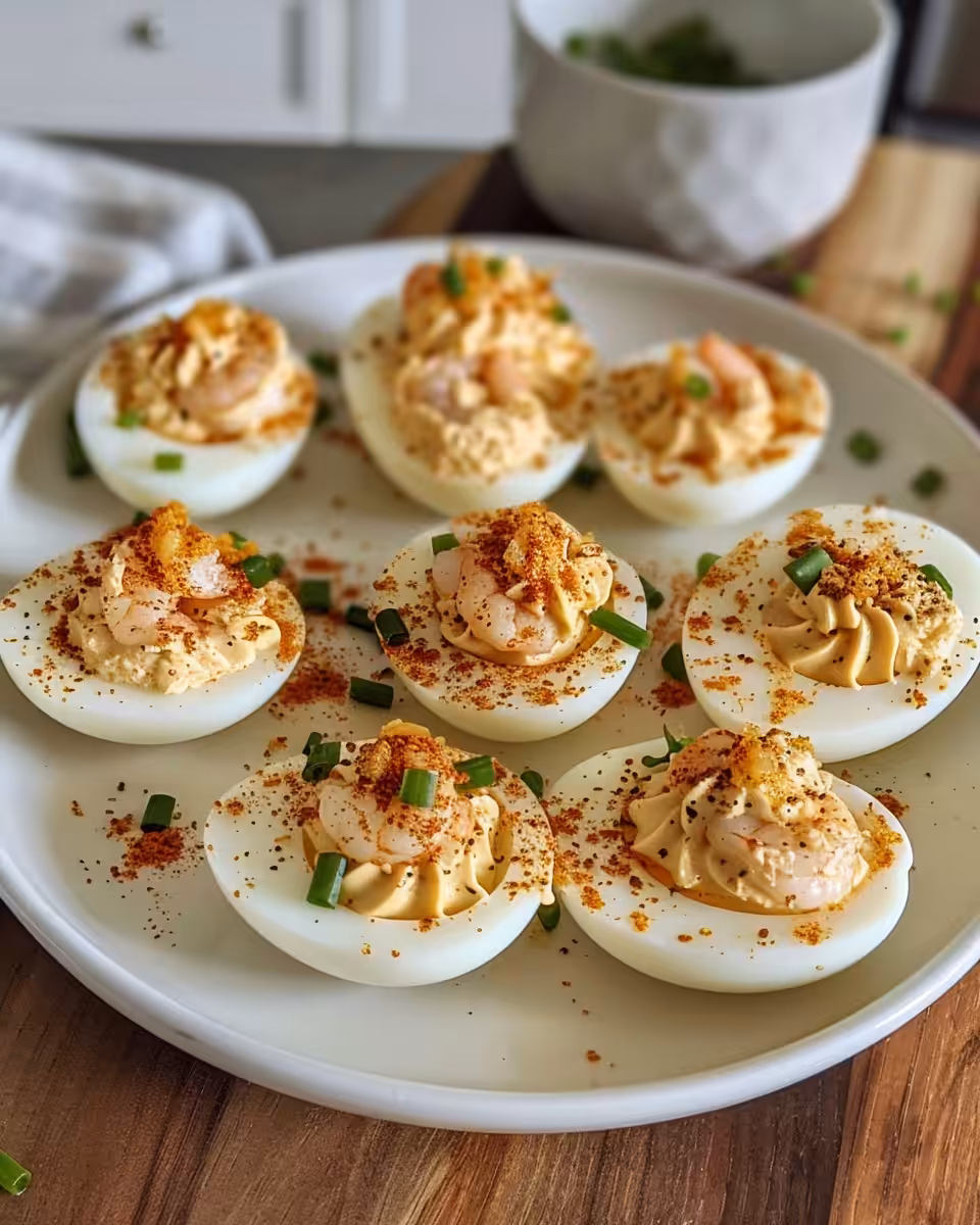 Served Cajun shrimp deviled eggs with creamy filling and whole shrimp