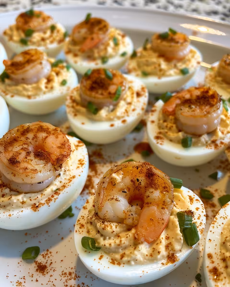 Plated Cajun shrimp deviled eggs ready to serve